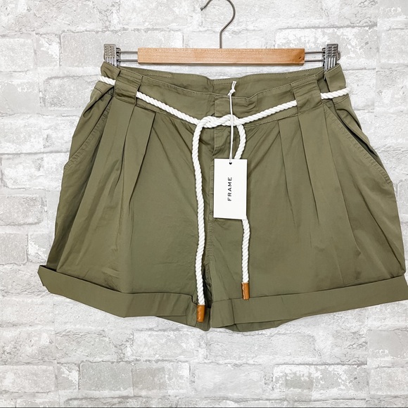 FRAME Tie Up Rolled Rope Belt Olive Green Shorts - Picture 7 of 9